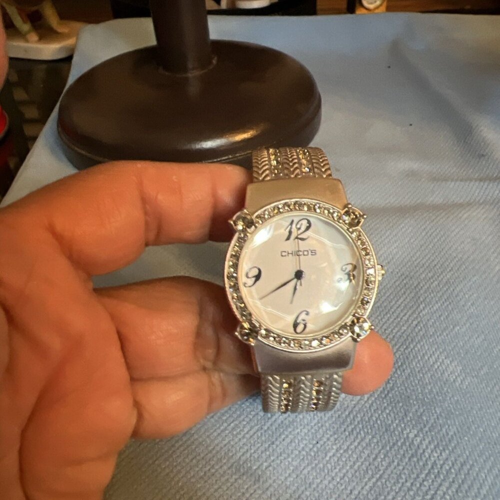 Chicos  Silver & Crystal Accents Textured Cuff Hinged Bracelet Wrist Watch works